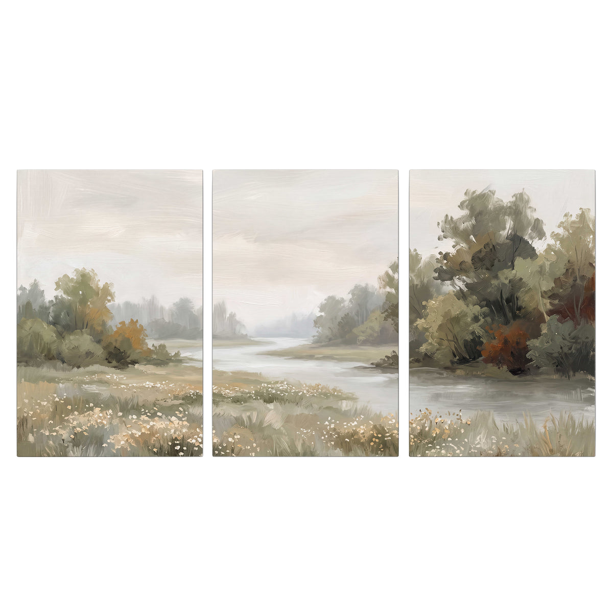 A broad pale river bordered by green trees and small meadow flowers 3 piece canvas wall art viewed straight on