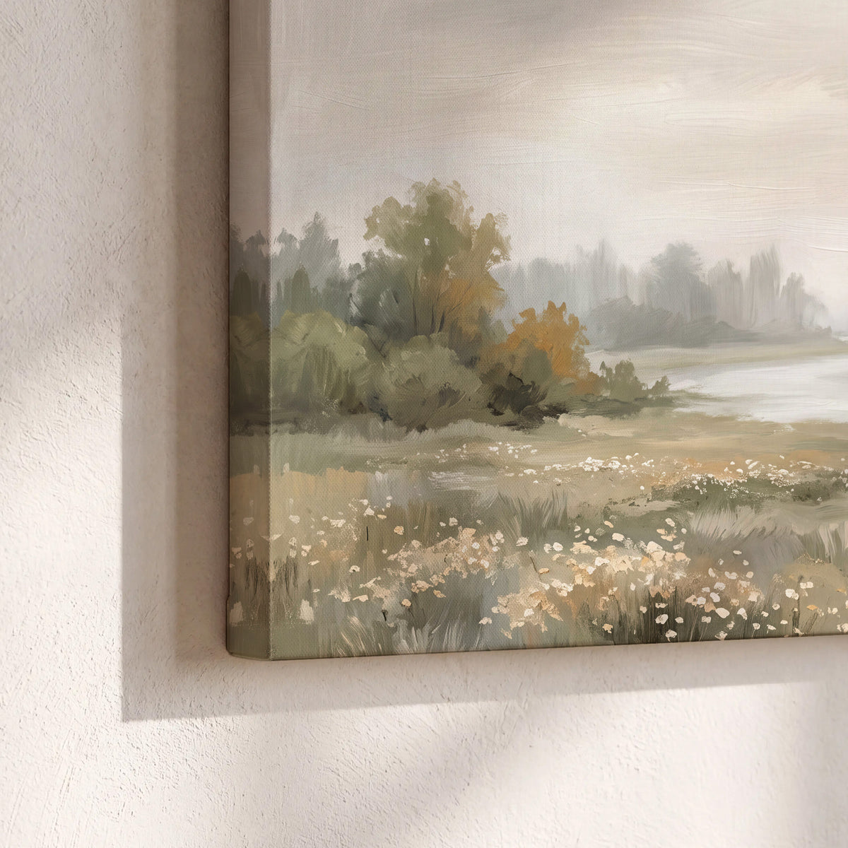 A broad pale river bordered by green trees and small meadow flowers 3 piece canvas wall art material and edge close up