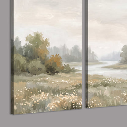 A broad pale river bordered by green trees and small meadow flowers 3 piece canvas wall art room and product view