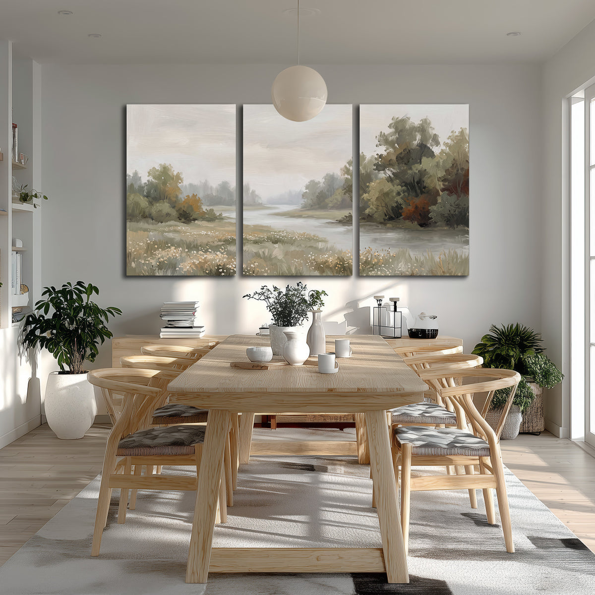 A broad pale river bordered by green trees and small meadow flowers 3 piece canvas wall art room and product view