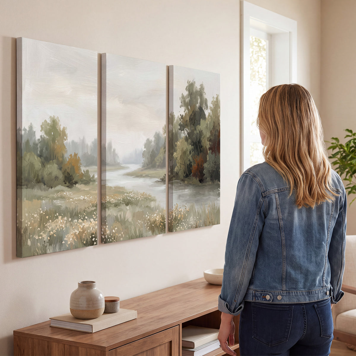 A broad pale river bordered by green trees and small meadow flowers 3 piece canvas wall art three panel arrangement on a wall