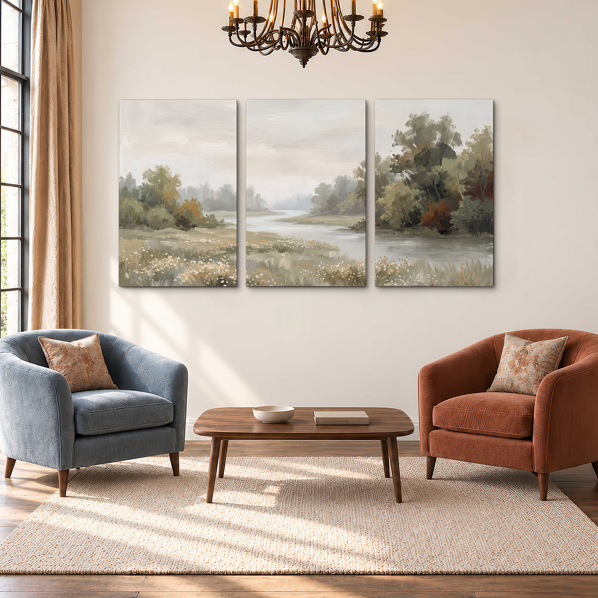 A broad pale river bordered by green trees and small meadow flowers 3 piece canvas wall art styled in an interior