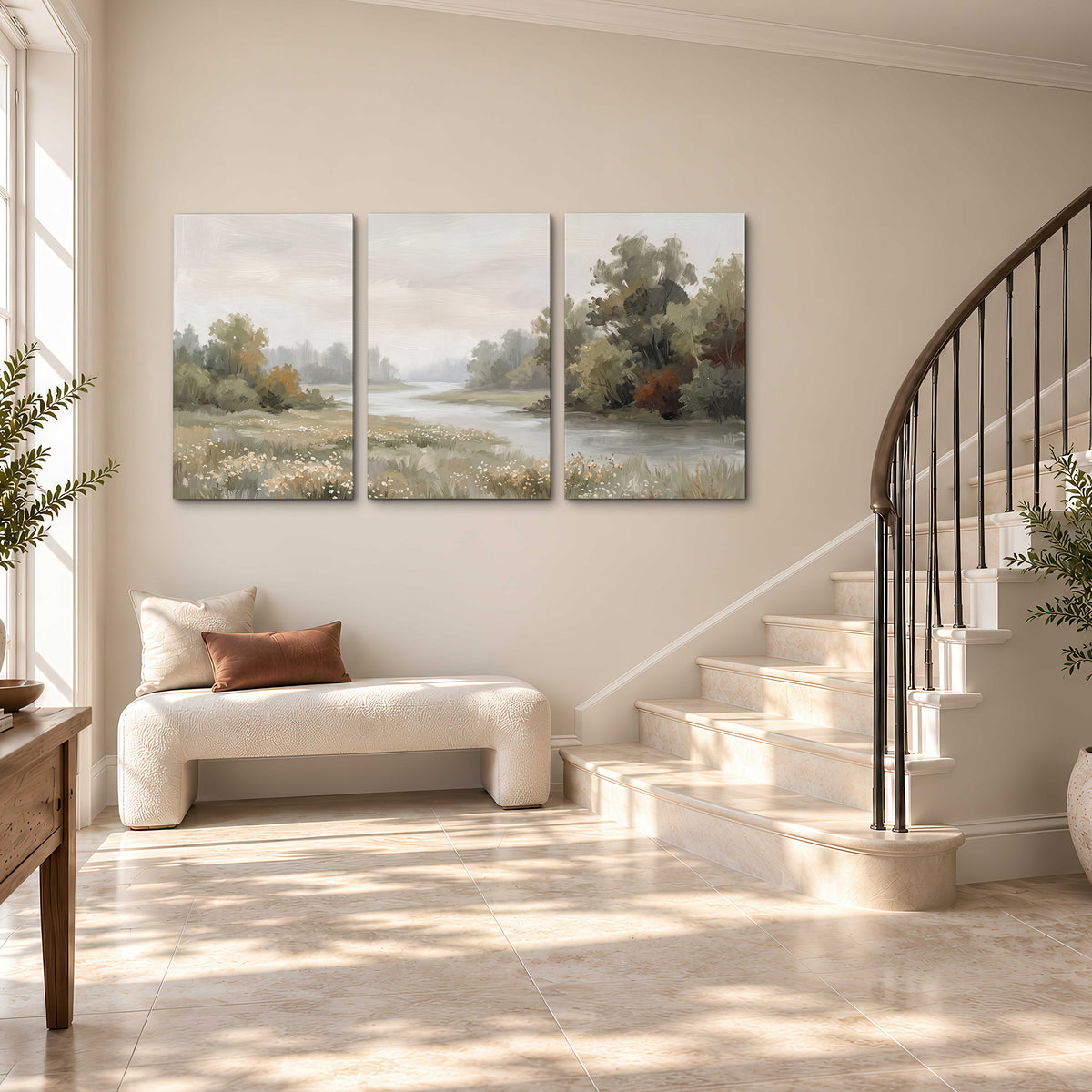A broad pale river bordered by green trees and small meadow flowers 3 piece canvas wall art styled in an interior
