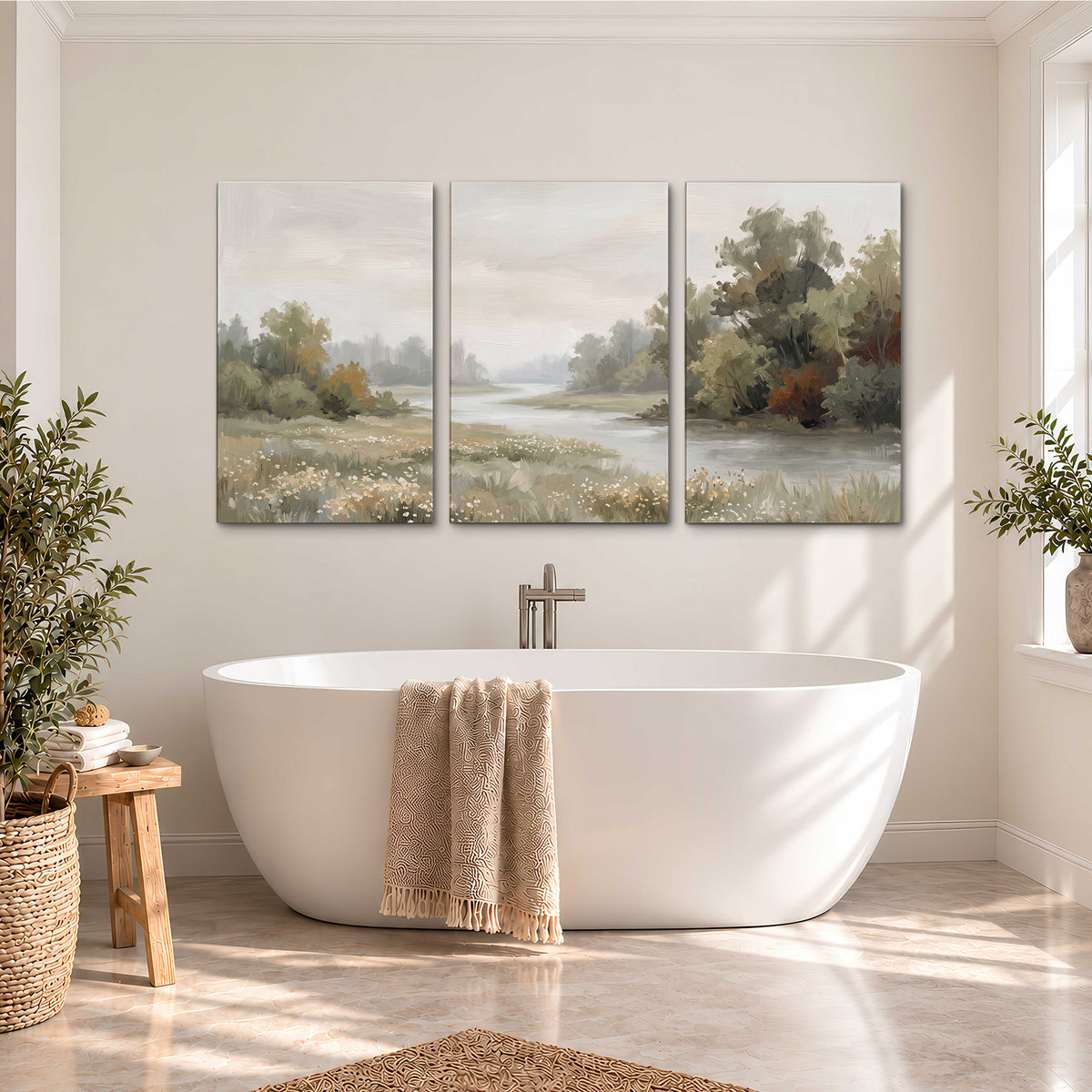 A broad pale river bordered by green trees and small meadow flowers 3 piece canvas wall art styled in an interior