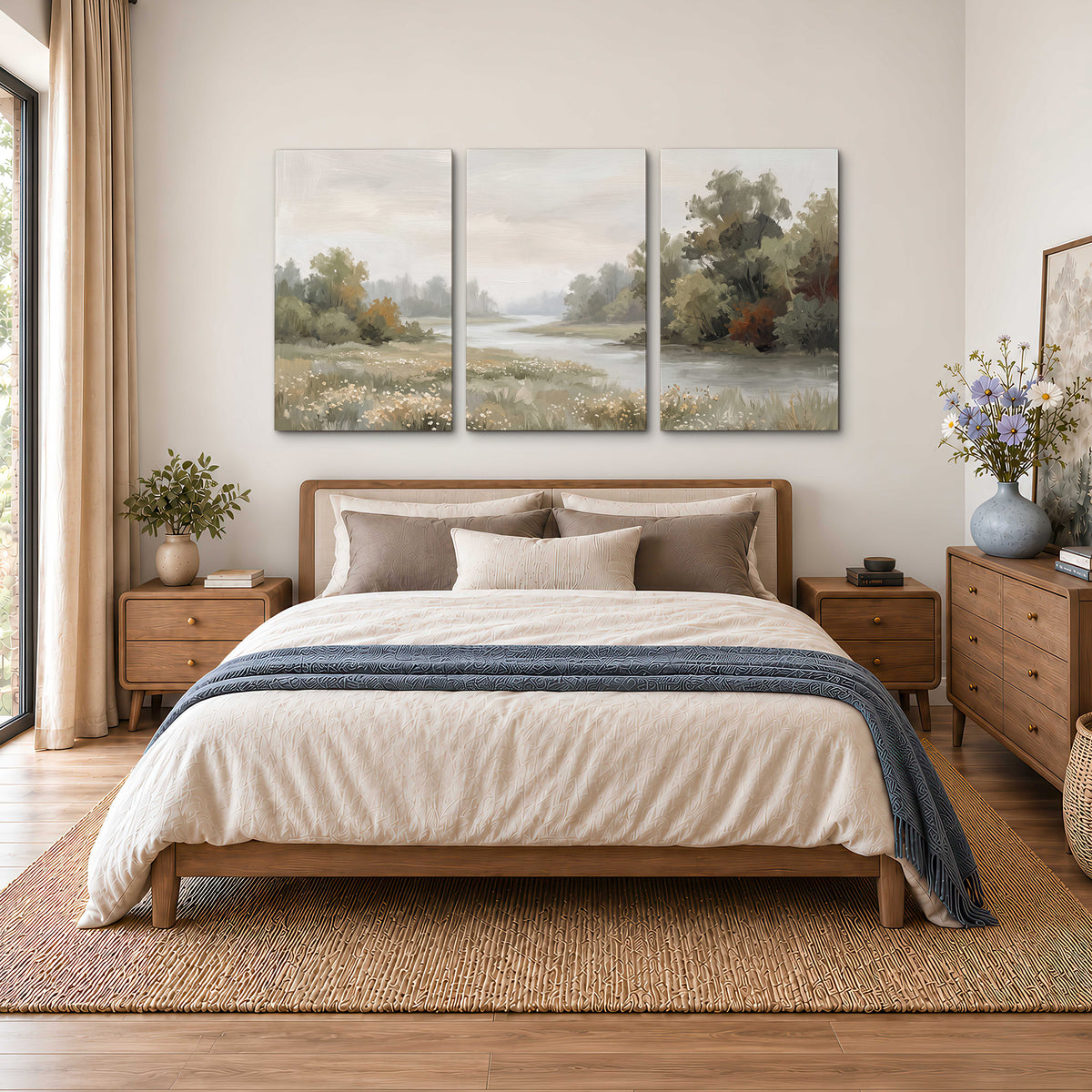 A broad pale river bordered by green trees and small meadow flowers 3 piece canvas wall art styled in an interior