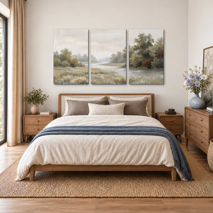 A broad pale river bordered by green trees and small meadow flowers 3 piece canvas wall art styled in an interior