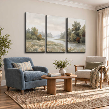 A broad pale river bordered by green trees and small meadow flowers 3 piece canvas wall art styled in an interior