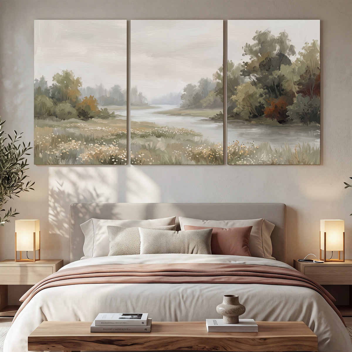 A broad pale river bordered by green trees and small meadow flowers 3 piece canvas wall art displayed in a bedroom