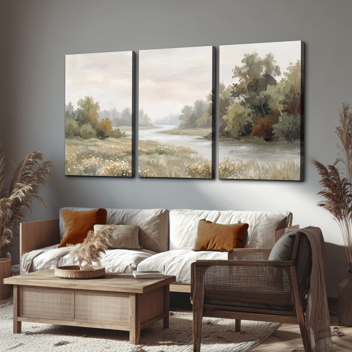 A broad pale river bordered by green trees and small meadow flowers 3 piece canvas wall art displayed in a rustic living room