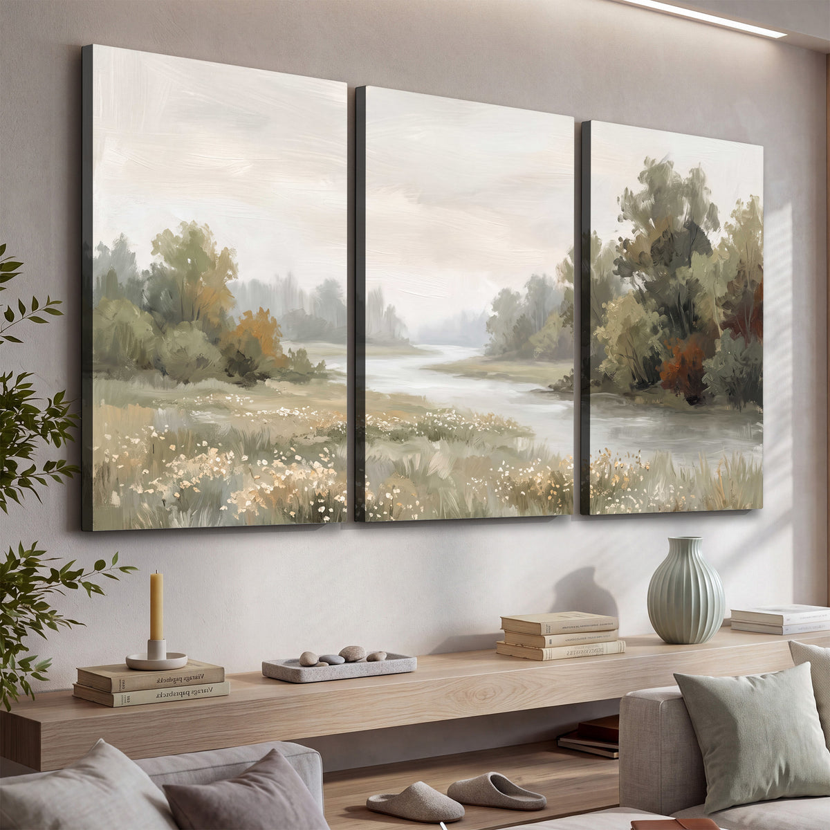 A broad pale river bordered by green trees and small meadow flowers 3 piece canvas wall art displayed in a console