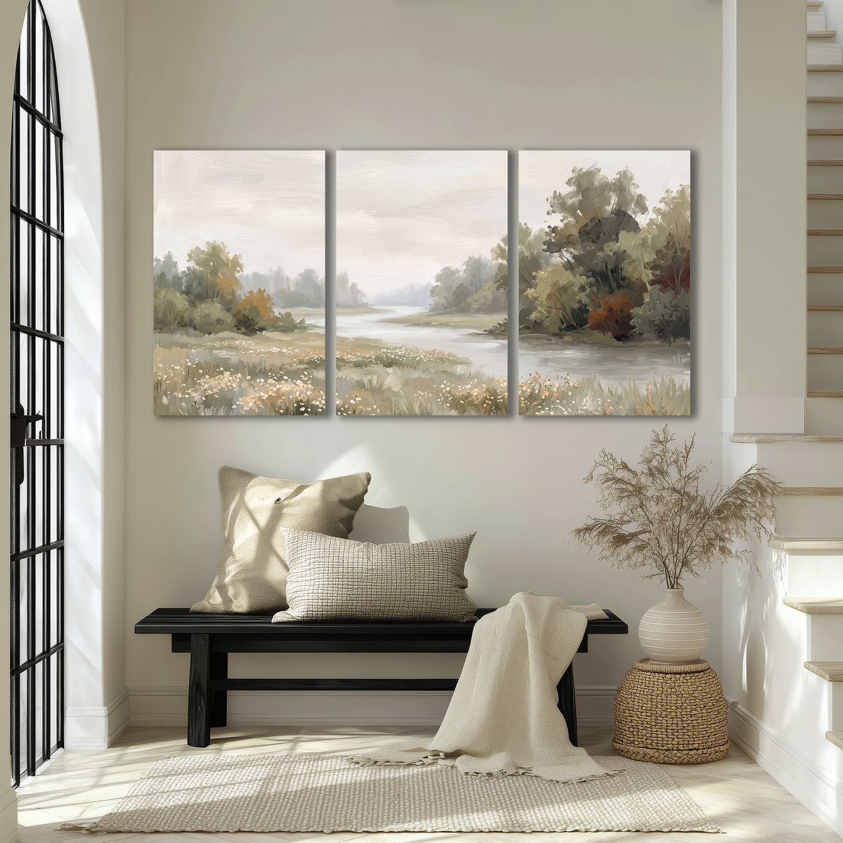 A broad pale river bordered by green trees and small meadow flowers 3 piece canvas wall art displayed in a entryway