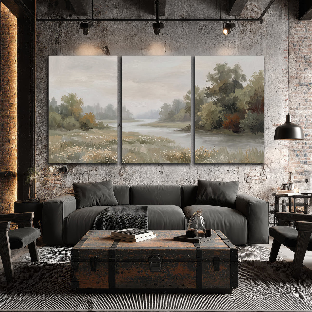 A broad pale river bordered by green trees and small meadow flowers 3 piece canvas wall art displayed in a industrial room