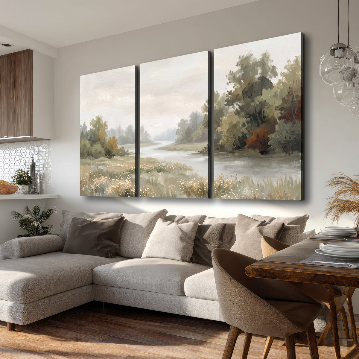A broad pale river bordered by green trees and small meadow flowers 3 piece canvas wall art room and product view