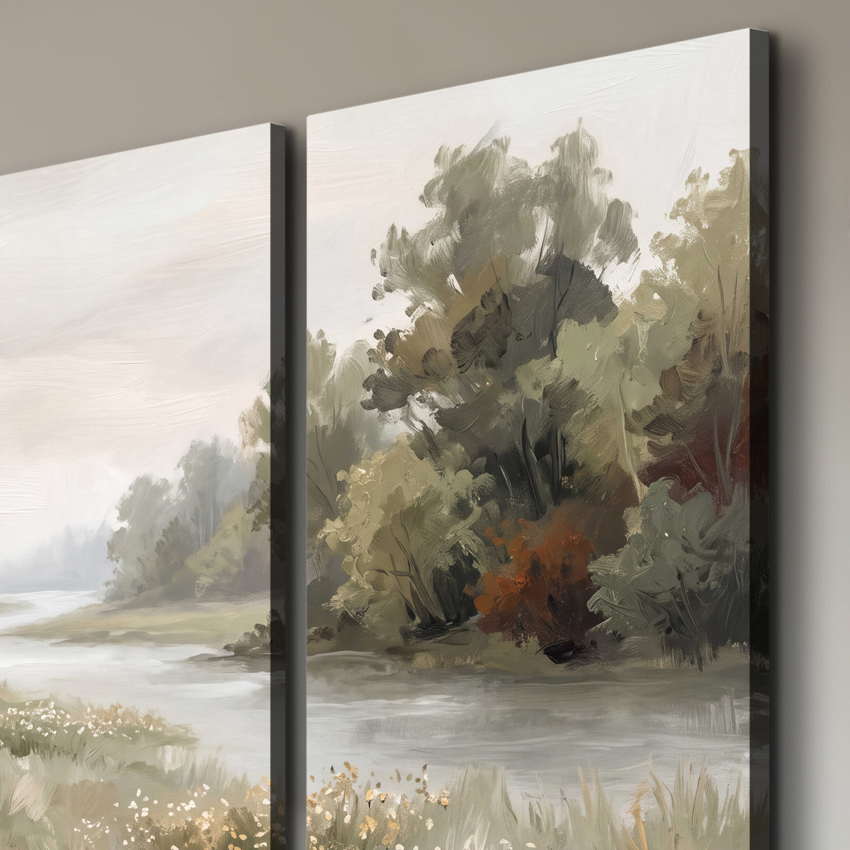 A broad pale river bordered by green trees and small meadow flowers 3 piece canvas wall art room and product view