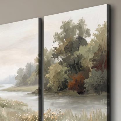 A broad pale river bordered by green trees and small meadow flowers 3 piece canvas wall art room and product view