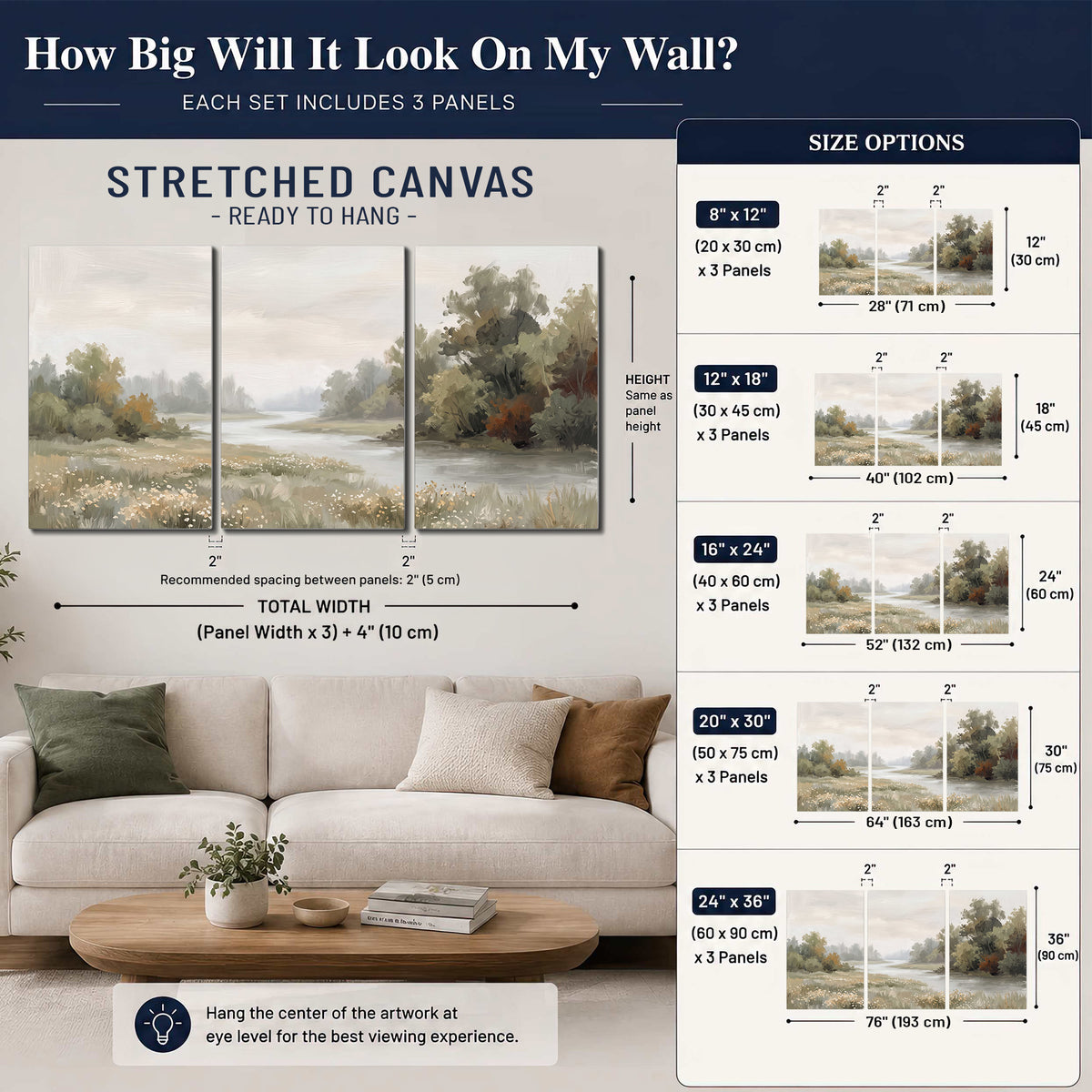A broad pale river bordered by green trees and small meadow flowers 3 piece canvas wall art size guide above a sofa; room view is illustrative