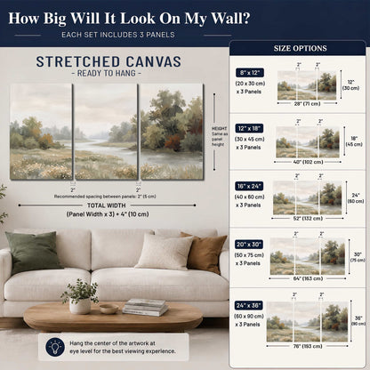 A broad pale river bordered by green trees and small meadow flowers 3 piece canvas wall art size guide above a sofa; room view is illustrative