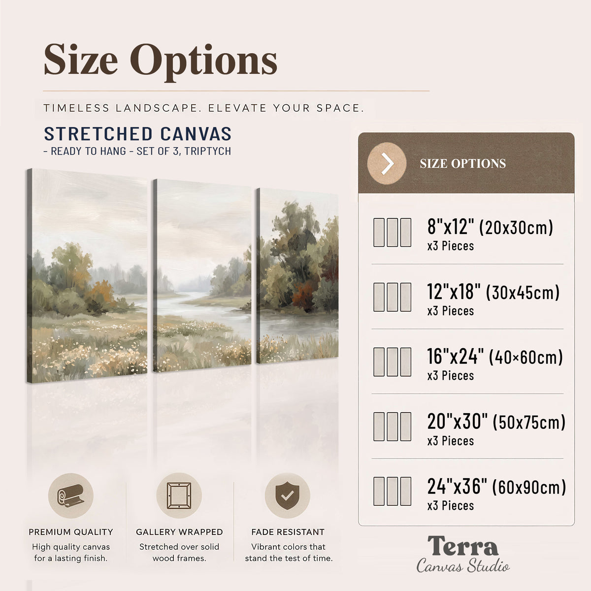 A broad pale river bordered by green trees and small meadow flowers 3 piece canvas wall art available dimensions; triptych dimensions are per panel
