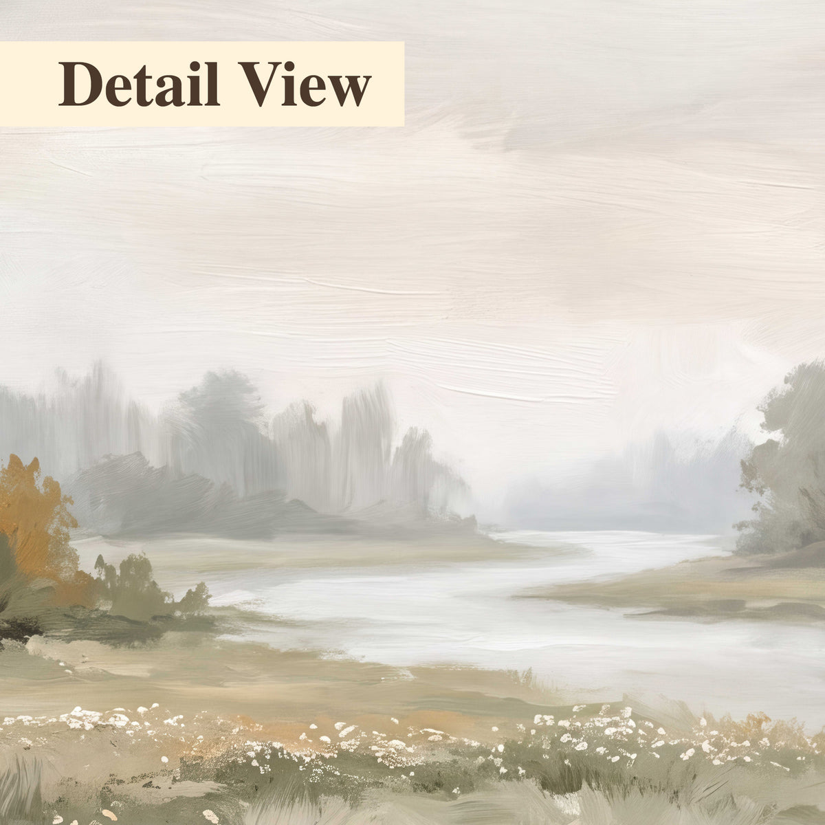 A broad pale river bordered by green trees and small meadow flowers 3 piece canvas wall art artwork detail close up