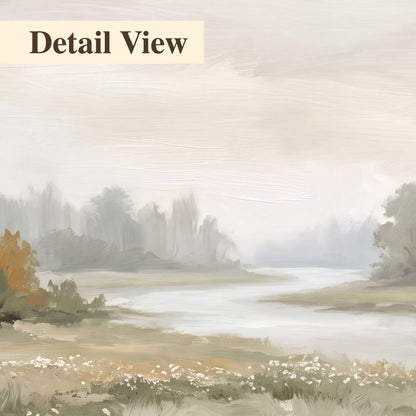 A broad pale river bordered by green trees and small meadow flowers 3 piece canvas wall art artwork detail close up