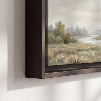 A broad pale river bordered by green trees and small meadow flowers 3 piece framed canvas wall art material and edge close up