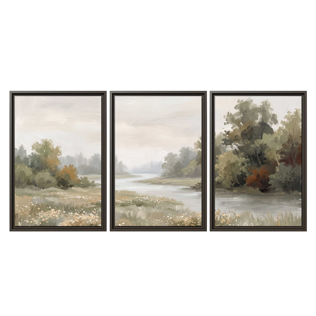 A broad pale river bordered by green trees and small meadow flowers 3 piece framed canvas wall art viewed straight on