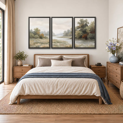 A broad pale river bordered by green trees and small meadow flowers 3 piece framed canvas wall art styled in an interior