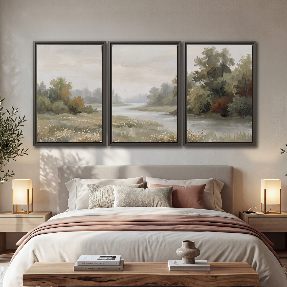 A broad pale river bordered by green trees and small meadow flowers 3 piece framed canvas wall art displayed in a bedroom