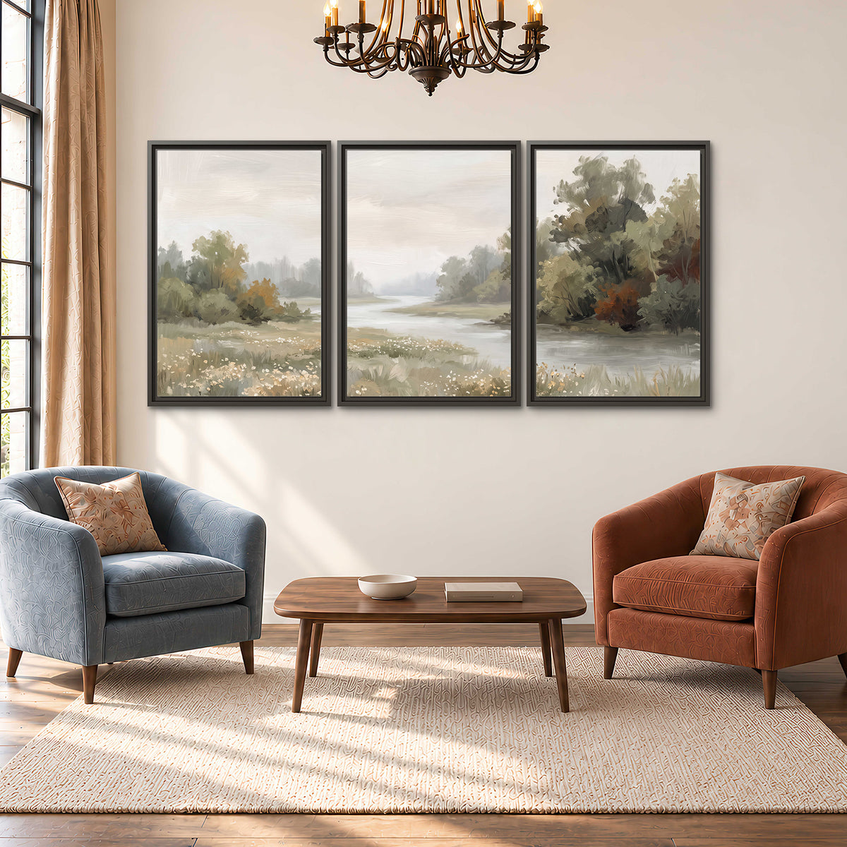A broad pale river bordered by green trees and small meadow flowers 3 piece framed canvas wall art styled in an interior