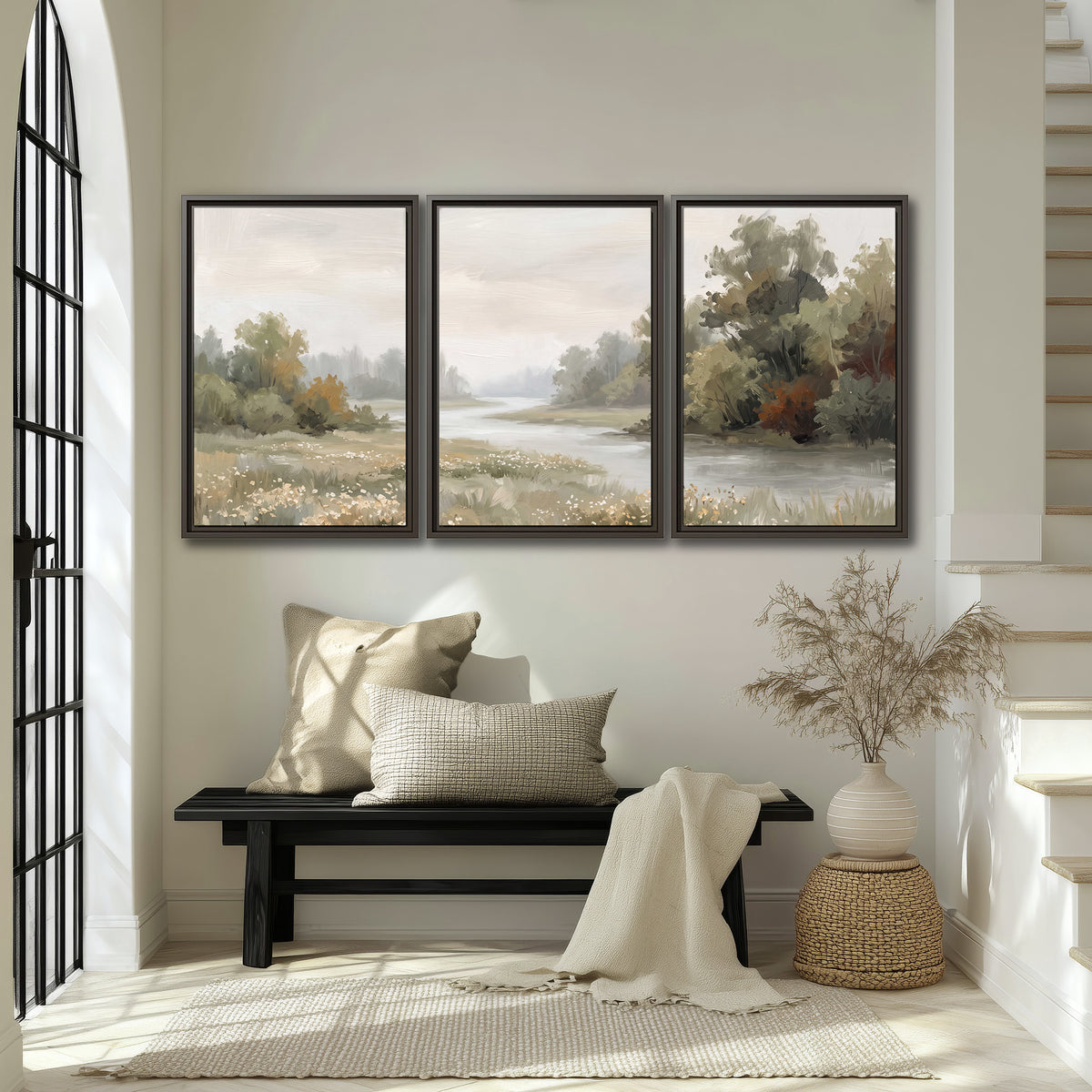 A broad pale river bordered by green trees and small meadow flowers 3 piece framed canvas wall art displayed in a entryway