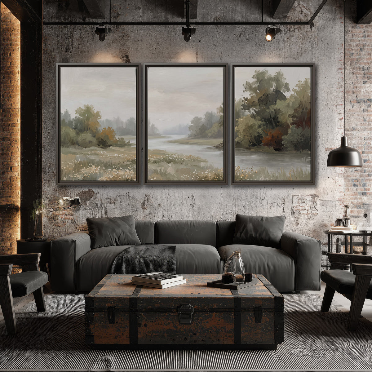 A broad pale river bordered by green trees and small meadow flowers 3 piece framed canvas wall art displayed in a industrial room