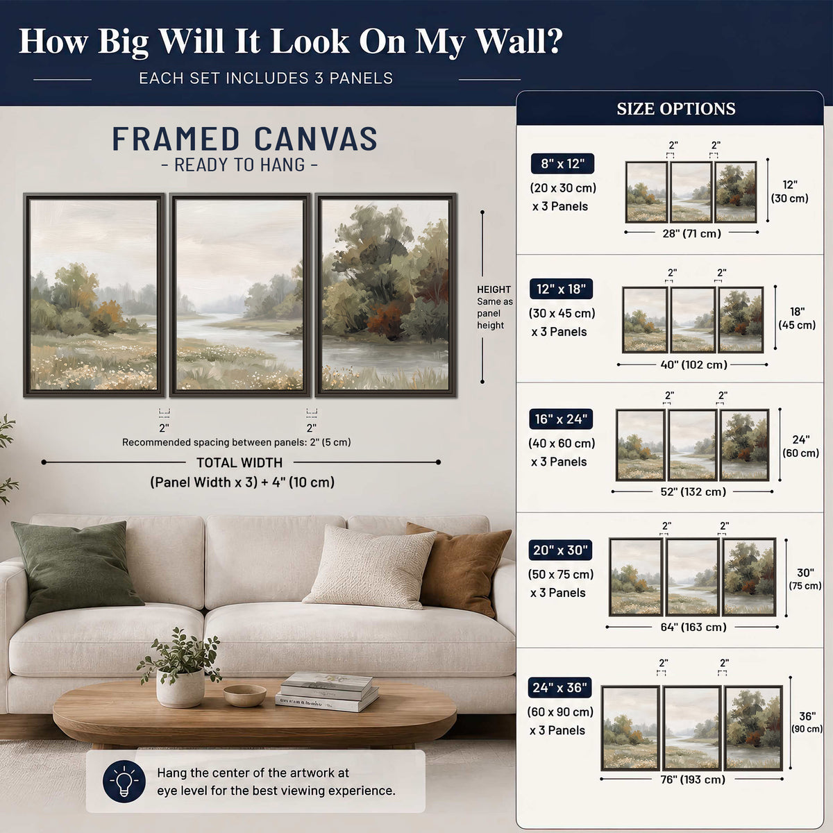 A broad pale river bordered by green trees and small meadow flowers 3 piece framed canvas wall art size guide above a sofa; room view is illustrative