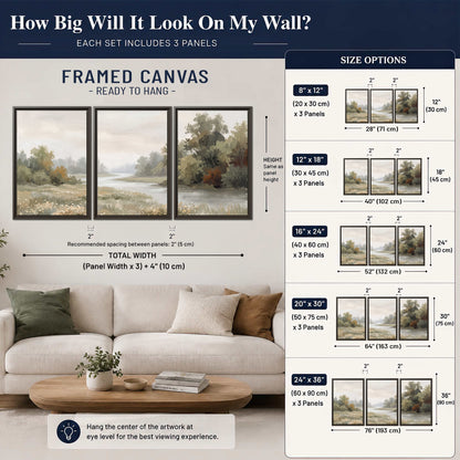 A broad pale river bordered by green trees and small meadow flowers 3 piece framed canvas wall art size guide above a sofa; room view is illustrative
