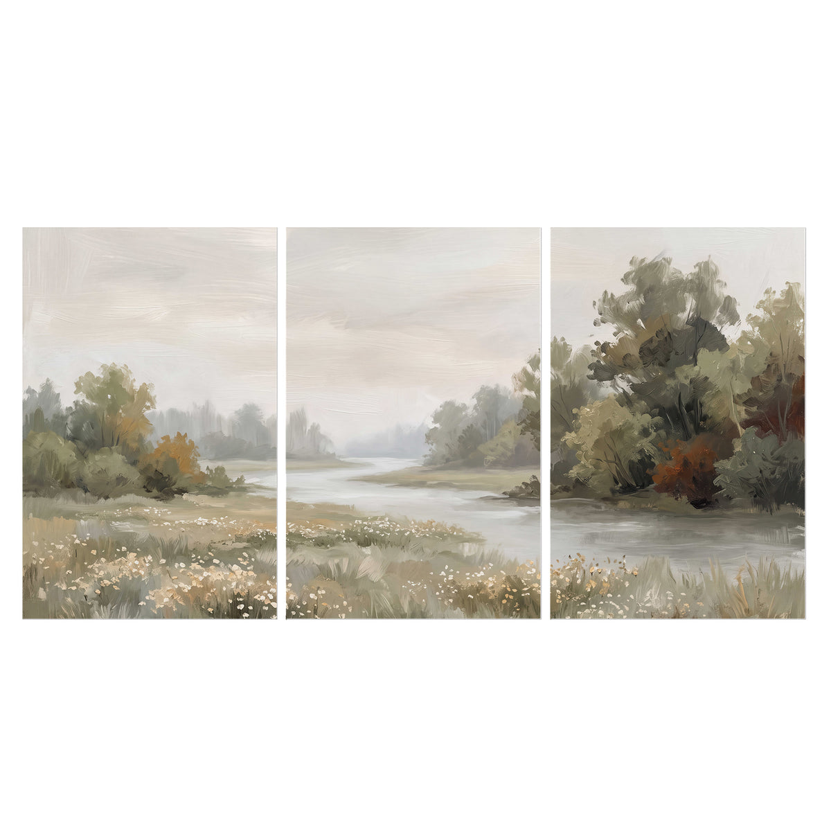 A broad pale river bordered by green trees and small meadow flowers set of 3 poster prints viewed straight on