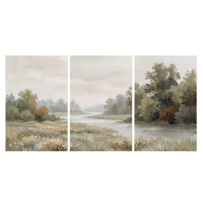 A broad pale river bordered by green trees and small meadow flowers set of 3 poster prints viewed straight on