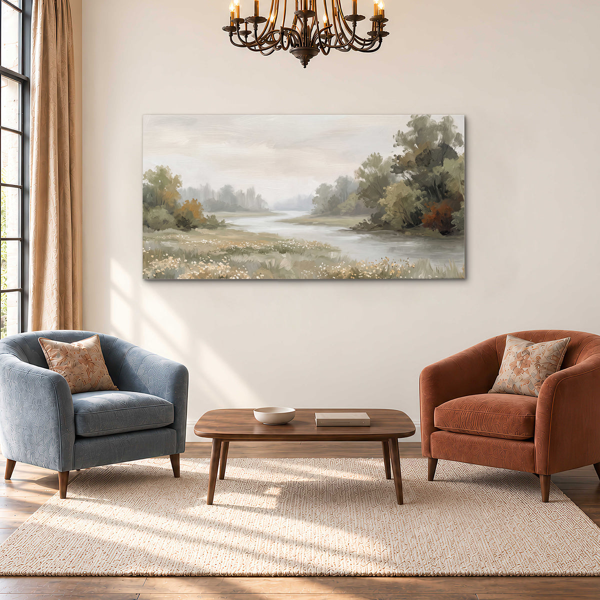 A broad pale river bordered by green trees and small meadow flowers single canvas wall art styled in an interior