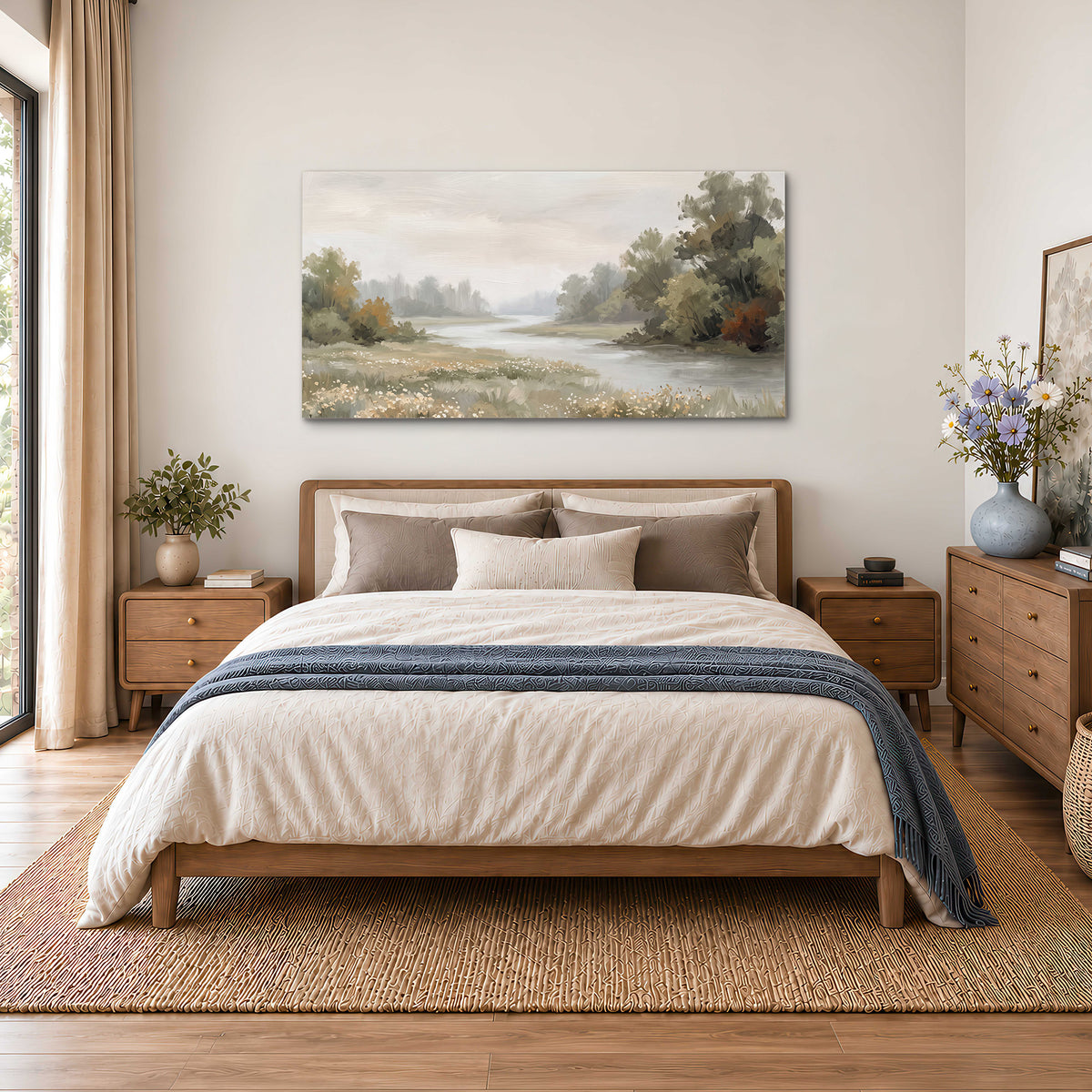 A broad pale river bordered by green trees and small meadow flowers single canvas wall art styled in an interior