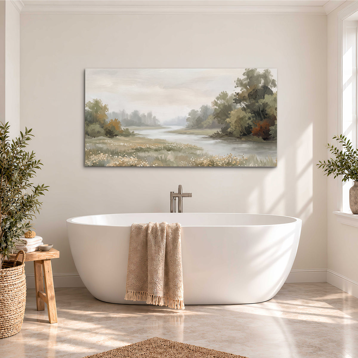 A broad pale river bordered by green trees and small meadow flowers single canvas wall art styled in an interior