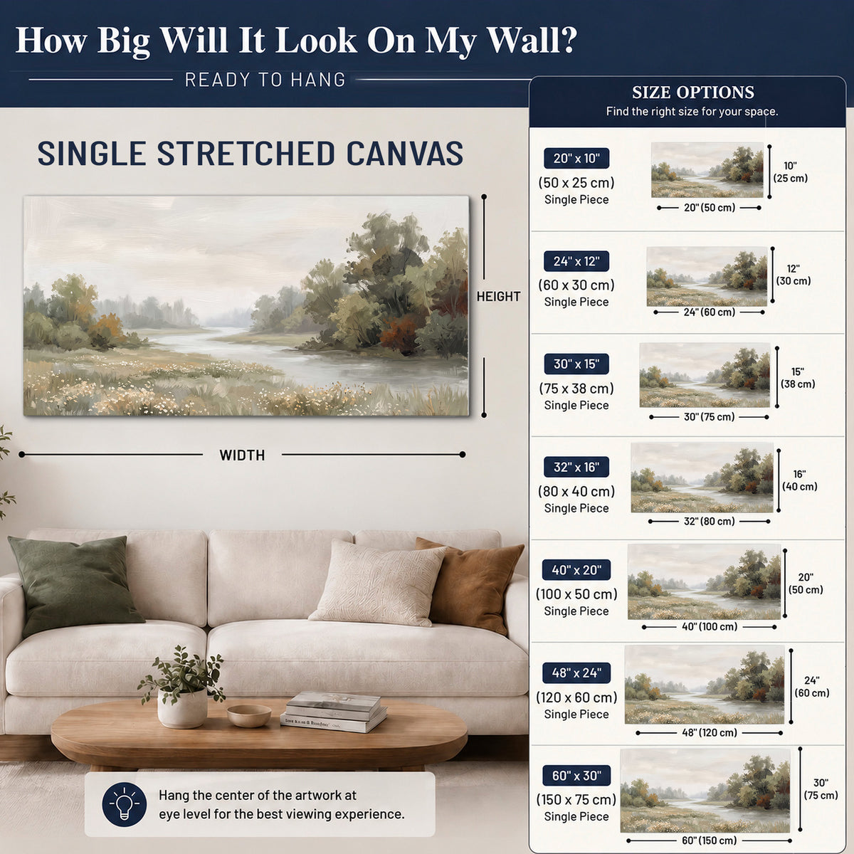 A broad pale river bordered by green trees and small meadow flowers single canvas wall art size guide above a sofa; room view is illustrative
