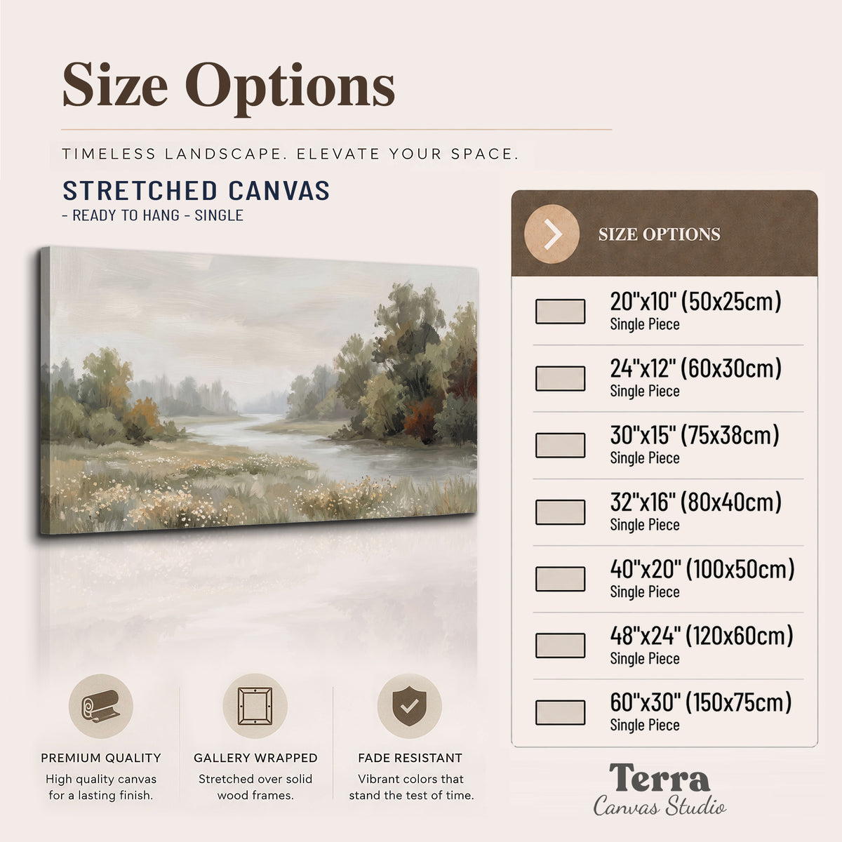 A broad pale river bordered by green trees and small meadow flowers single canvas wall art available dimensions