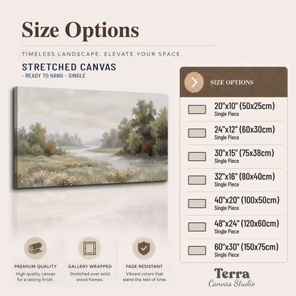 A broad pale river bordered by green trees and small meadow flowers single canvas wall art available dimensions