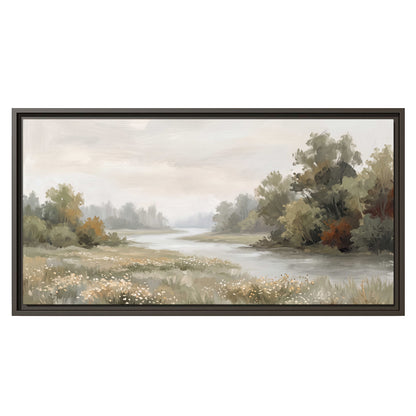 A broad pale river bordered by green trees and small meadow flowers single framed canvas wall art viewed straight on