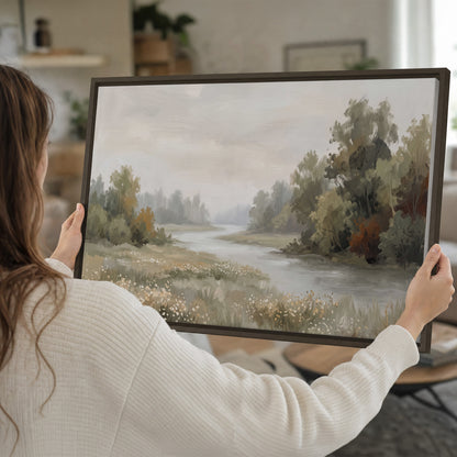 A broad pale river bordered by green trees and small meadow flowers single framed canvas wall art held in hands