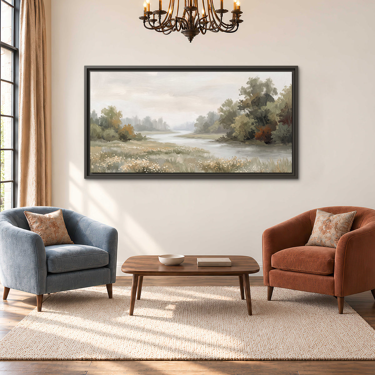 A broad pale river bordered by green trees and small meadow flowers single framed canvas wall art styled in an interior