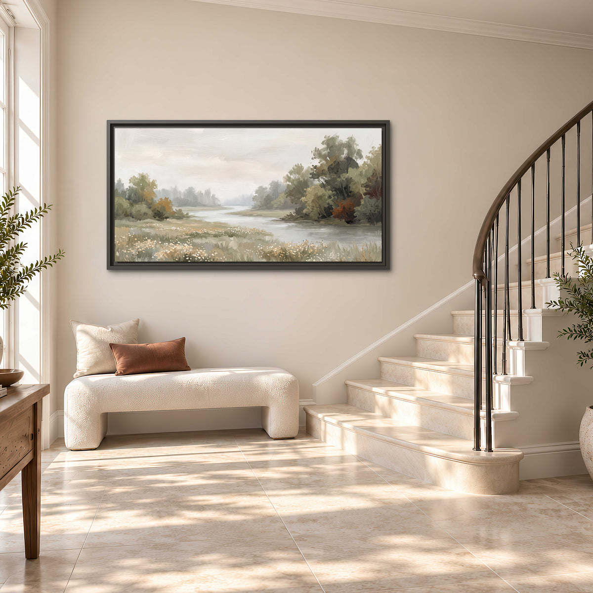 A broad pale river bordered by green trees and small meadow flowers single framed canvas wall art styled in an interior
