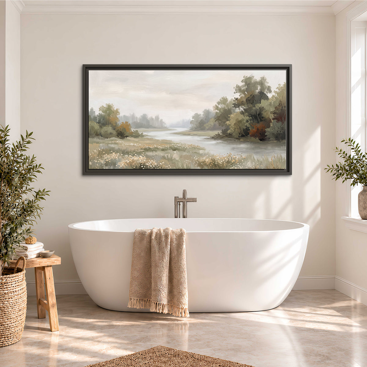 A broad pale river bordered by green trees and small meadow flowers single framed canvas wall art styled in an interior