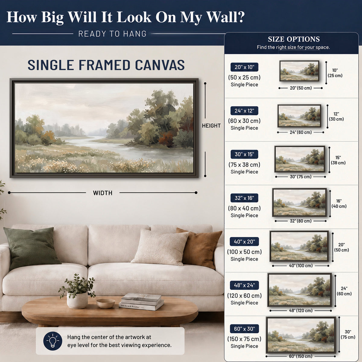 A broad pale river bordered by green trees and small meadow flowers single framed canvas wall art size guide above a sofa; room view is illustrative