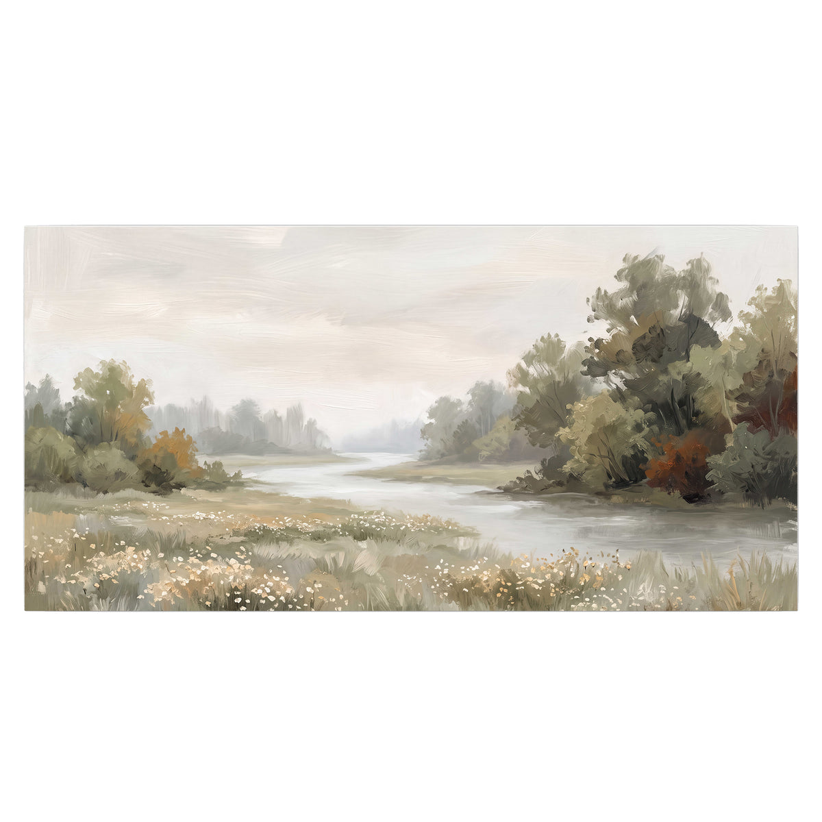 A broad pale river bordered by green trees and small meadow flowers single poster print viewed straight on
