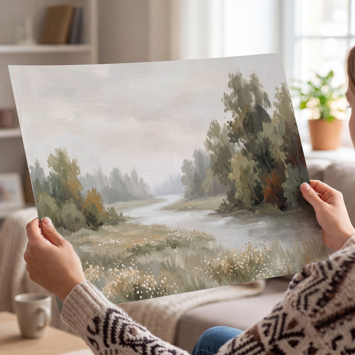 A broad pale river bordered by green trees and small meadow flowers single poster print held in hands