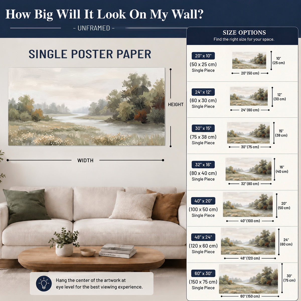 A broad pale river bordered by green trees and small meadow flowers single poster print size guide above a sofa; room view is illustrative
